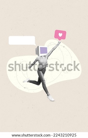 Collage 3d image of pinup pop retro sketch of happy excited lady obsolete gadget instead head isolated painting background