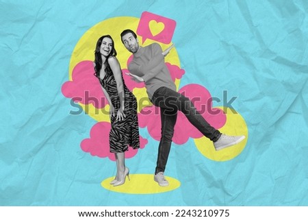 Creative collage picture of two excited carefree people black white gamma dancing like notification isolated on creative background