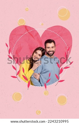 Photo collage artwork minimal picture of charming happy smiling couple embracing isolated drawing background