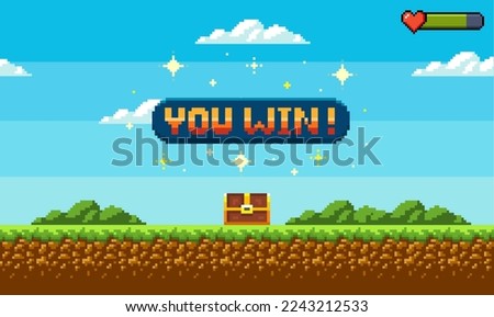 Pixel art game background with grass, sky and you won game 8-bit text. Game screen pixel. Royalty-Free Stock Photo #2243212533