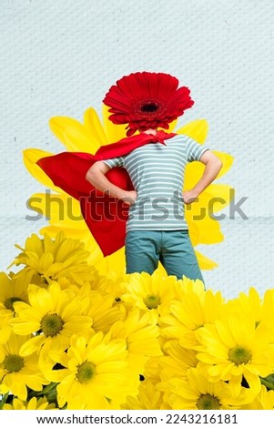 Creative photo 3d collage artwork poster postcard of weird man flower instead head preparing 8 march isolated on painting background