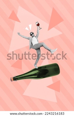 Photo artwork minimal collage picture of carefree funky guy enjoying wine walking big bottle isolated drawing background