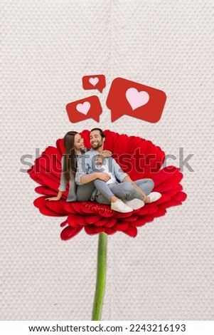 Creative photo 3d collage artwork poster postcard of happy family sit gerbera enjoy romance cuddle embrace isolated on painting background