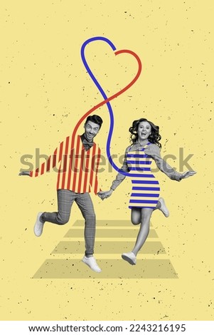 Vertical collage image of two black white effect excited people hold arms jumping drawing heart symbol connection
