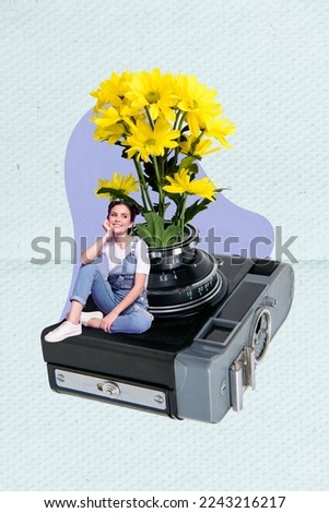 Creative photo 3d collage artwork poster postcard picture of pretty girl sitting camera near yellow daisy isolated on painting background