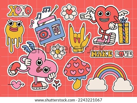 Trendy groovy Valentines day sticker set. Retro cartoon style valentines day. 70s 60s aesthetics isolated elements. Vintage vector contour illustration.
