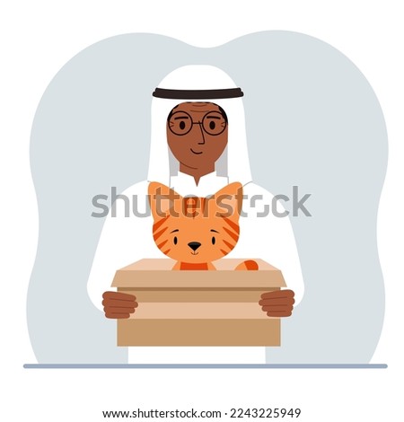 A man is holding a cardboard box with a beautiful ginger cat. The concept of rescue, help and care for pets. Vector flat illustration