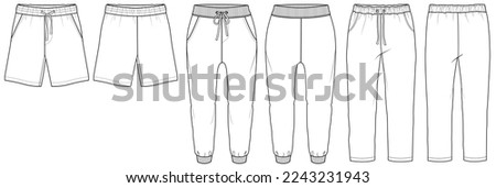 mens drawstring waist short pant and jogger bottom flat technical cad drawing template Royalty-Free Stock Photo #2243231943