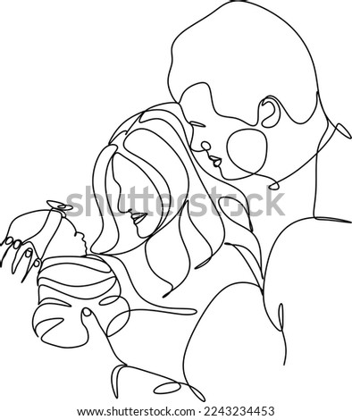 Happy family in continuous line art drawing style. United family portrait of parents and their little girl kid black linear sketch isolated on white background. Vector illustration