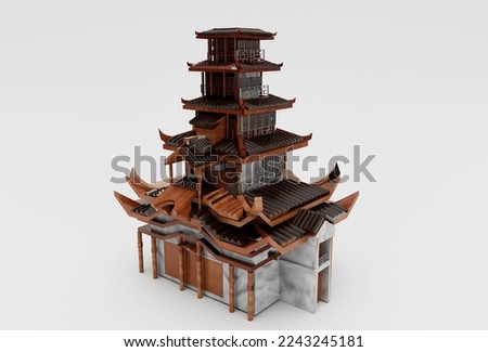 Ancient Asian architectural structure Chinese house 3d illustration Temple on white background.