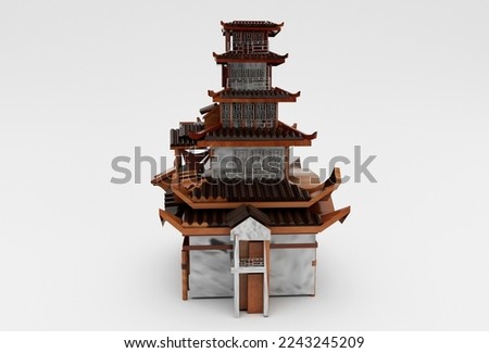 Ancient Asian architectural structure Chinese house 3d illustration Temple on white background.