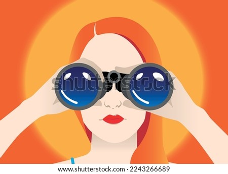 Red-haired woman with binoculars, colorful vector illustration. warm tones