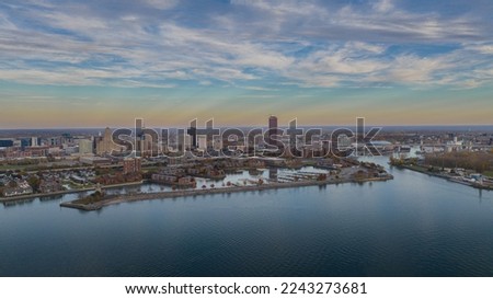 Buffalo New York City Skyline via Drone during Sunset