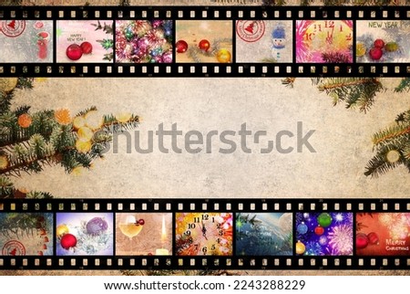 Merry Christmas. Happy New Year. Winter Holidays. Christmas tree decorations. Burning candles, fairy stars and sparkles. Festive images designed in film strip on the old paper texture background