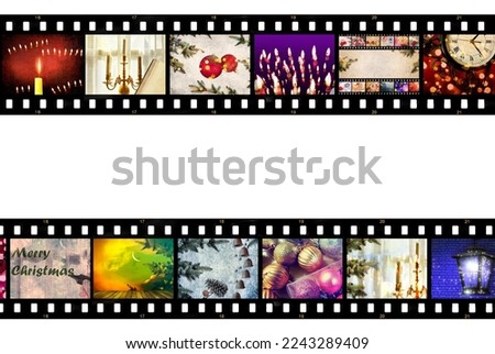 Merry Christmas. 2023 Happy New Year. Winter Holidays. Christmas tree decorations. Burning candles, fairy stars and sparkles. Festive images designed in film strip. Isolated on white background