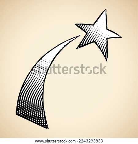 Illustration of Scratchboard Engraved Icon of Shooting Star with White Fill isolated on a Beige Background