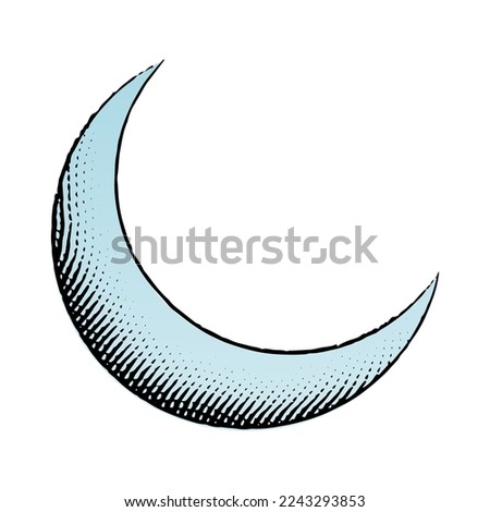 Illustration of Scratchboard Engraved Icon of Moon with Blue Fill isolated on a White Background