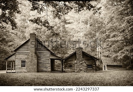 A sepia photograph of the old Whitehead homestead in the Cades Cove section of the Great Smoky Mountains National Park