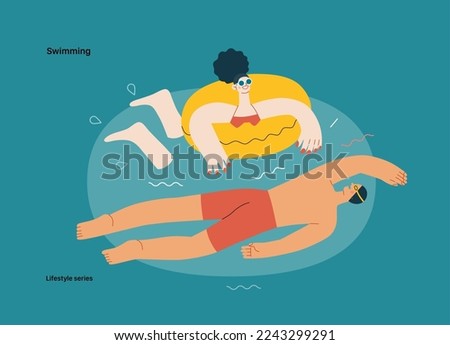Lifestyle series - Swimming - modern flat vector illustration of a man and a woman swimming in the pool. People activities concept