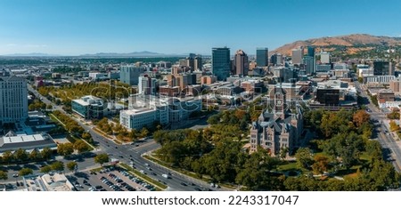 Aerial panoramic view of the Salt Lake City skyline Utah, USA.