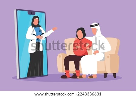 Cartoon flat style drawing Arabian female doctor comes out from smartphone screen facing and gives consultation to couple patient with pregnant wife. Online doctor. Graphic design vector illustration