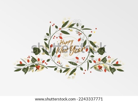 Happy New Year, ornamented leaf design, green, gold and red. Greeting celebration concept.