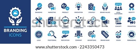 Branding icon set. Containing marketing, product, brand value, design, logo, brand development, social media, advertising and loyal customers icons. Solid icon collection. Royalty-Free Stock Photo #2243350473