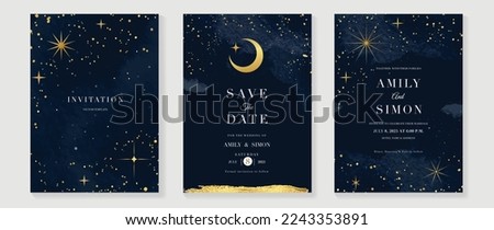 Galaxy themed wedding invitation vector template. Collection of luxury save the date card with watercolor, star, gold sparkle. Starry night cover design for background, greeting, brochure, flyer.