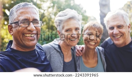 Nature, selfie and senior friends on a hike for wellness, exercise and health in the woods. Happy, smile and portrait of a group of elderly people in retirement in forest trekking together in summer. Royalty-Free Stock Photo #2243391965