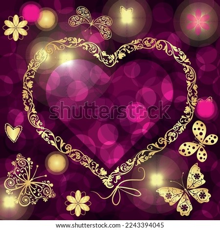 Heart shaped vector frame with golden floral pattern on purple bokeh background with butterflies 