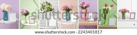 Collage of blank photo frames and fresh flowers in stylish home interiors
