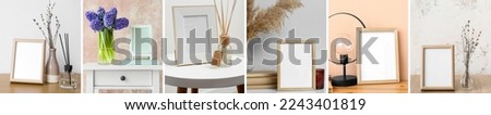 Collage of blank photo frames in light interiors