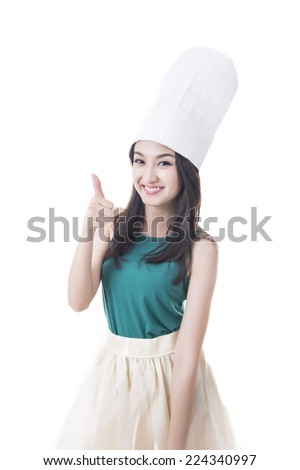 Charming woman chef giving thump up hand isolated picture on white background.