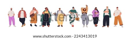 Happy people with plus-size curvy figures. Body-positive fat men, plump women. Modern pretty chubby chunky stout male and female characters. Flat vector illustrations isolated on white background Royalty-Free Stock Photo #2243413019