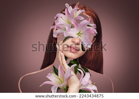 Creative beauty advert collage of lady apply herbal body lotion full lily garden flowers on pastel purple color background Royalty-Free Stock Photo #2243434875