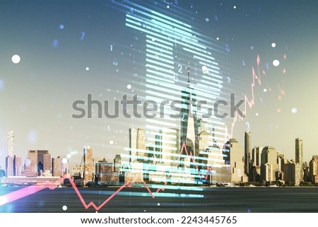 Virtual Bitcoin hologram on New York city skyline background. Multiexposure