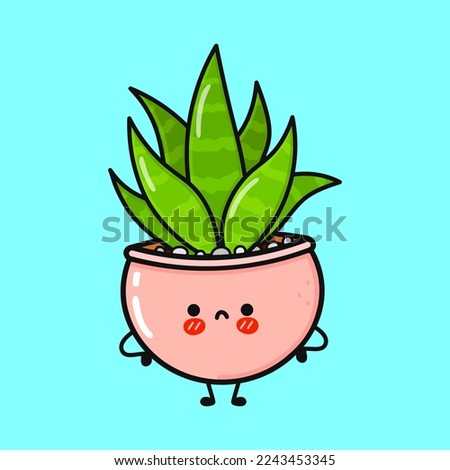 Cute sad indoor plant character. Vector hand drawn cartoon kawaii character illustration icon. Isolated on blue background. Angry cute indoor plant character concept