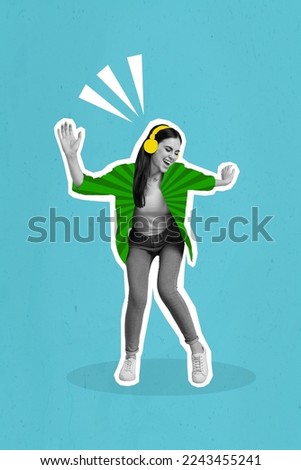 Collage photo designed promo artwork new headphones advertisement youngster girl dancing listen best quality sound isolated on blue background