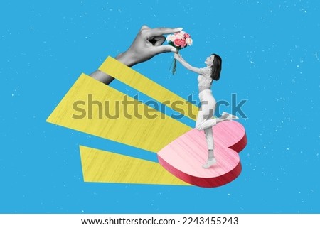 Creative photo 3d collage artwork poster postcard of pretty girl receive gift celebrate anniversary isolated on painting background