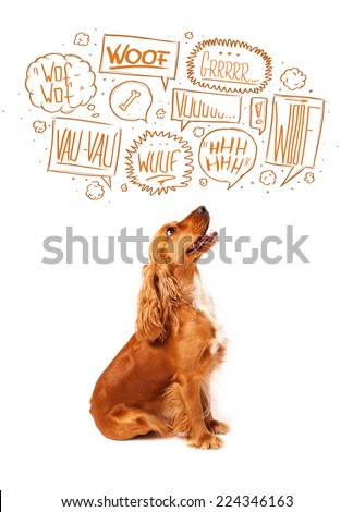 Cute cocker spaniel with barking speech bubbles above her head