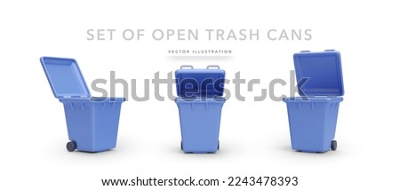 Set of 3d realistic blue open trash cans with shadow isolated on white background. Vector illustration Royalty-Free Stock Photo #2243478393