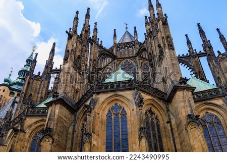 View of the Gothic Catholic Cathedral of St. Vitus, Wenceslas and Vojtech in Prague Castle. Background with selective focus and copy space