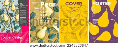 Pear. Typography design. Set of flat vector illustrations. Vintage pattern, hand-drawn, minimalist background. Poster, label, cover.