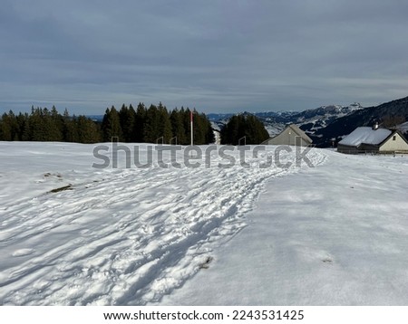 Wonderful winter hiking trails and traces in fresh alpine snow on the slopes of the Alpstein mountain range, Urnäsch (Urnaesch or Urnasch) - Canton of Appenzell Innerrhoden, Switzerland (Schweiz)