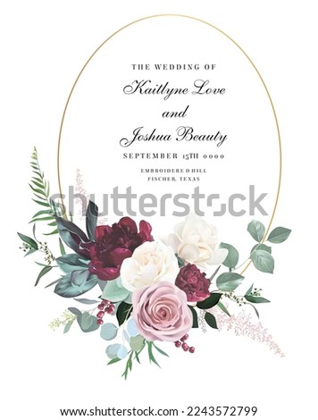 Blush pink rose, burgundy red peony, ranunculus, hydrangea, magnolia flowers vector design round frame. Wedding floral and greenery. Mint, pink, silver, sage tones. Elements are isolated and editable Royalty-Free Stock Photo #2243572799