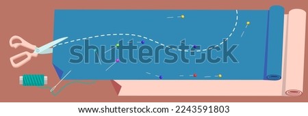 Illustration of the fabric with the outline for the cut. Fabrics with scissors and a needle. Threads with a needle on a dark background. Blue and pink fabric with drawing tools for sewing.