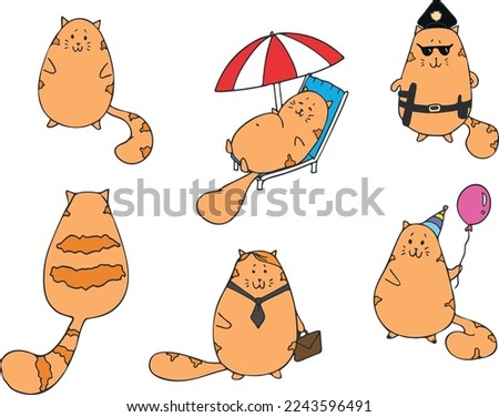 Doodle set of cute ginger cats. Cat police officer. Cat on a beach. Birthday party cat. Business cat. Hand drawn art. Childish doodle design. Vector art