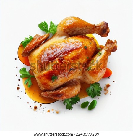 Juicy fried chicken with sprinkled herbs and spices on a white plate. Close-up Royalty-Free Stock Photo #2243599289