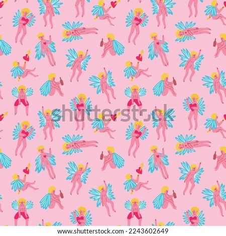 Valentine funny angels seamless pattern. Vector illustration in doodle style