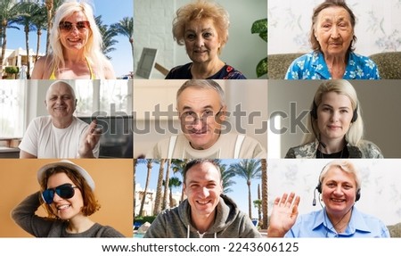Head shot portraits webcam laptop screen view diverse people using videoconference, online meeting. Multi generational family involved in group videocall distant communication concept. Royalty-Free Stock Photo #2243606125